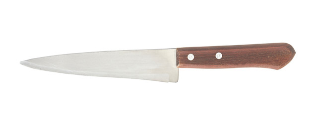 Old kitchen knife with wooden handle isolated on white background. Close up