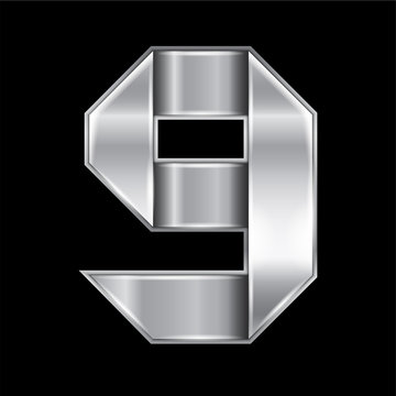 New font folded from a silver metallic ribbon. Trendy alphabet, gray vector number Nine on a black background, 10eps