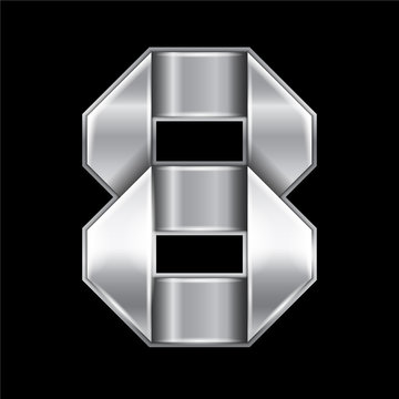 New font folded from a silver metallic ribbon. Trendy alphabet, gray vector number Eight on a black background, 10eps