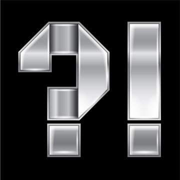 New font folded from a silver metallic ribbon. Trendy alphabet, gray vector Exclamation mark and Question mark on a black background, 10eps