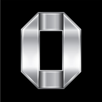 New font folded from a silver metallic ribbon. Trendy alphabet, gray vector number Zero on a black background, 10eps