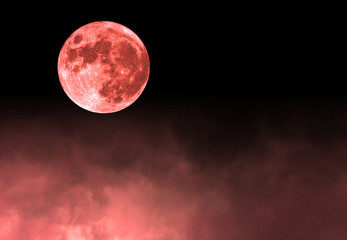 Wall Mural - bloody red moon in black dark sky with clouds, concept background, texture