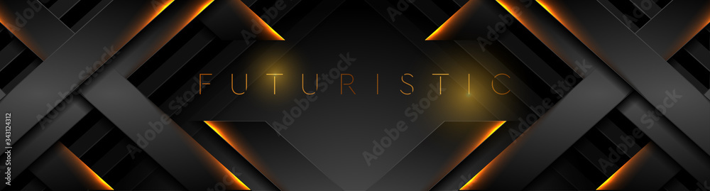 Futuristic black technology background with orange neon lines. Glowing vector banner design - obrazy, fototapety, plakaty 