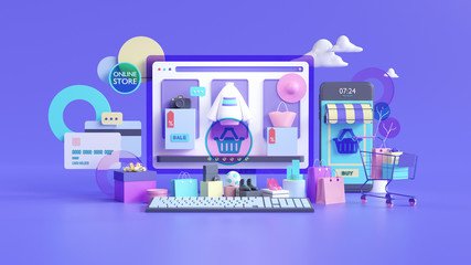 Poster - Shopping on-line. Online store on website or mobile application. 3d rendering background. digital marketing shop