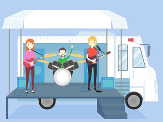 Canvas Print - People Truck Stage Band Playing Illustration