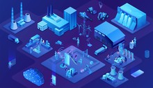Industrial Internet Of Things Infographic Illustration, Blue Neon Concept With Factory, Electric Power Station, Cloud 3d Isometric Icon, Smart Logistic  Transport System, Mining Machines