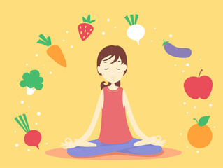 Wall Mural - Girl Meditate Fresh Foods Illustration