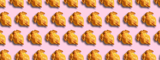 Wall Mural - colorful pattern of roasted chicken or turkey on pink background. top view. creative design for pack