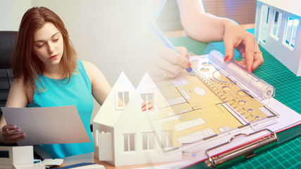Poster - young girl next to a breadboard model at home. concept - work as an architect. architect designs dra