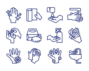 Poster - bundle of hands washing line style icons