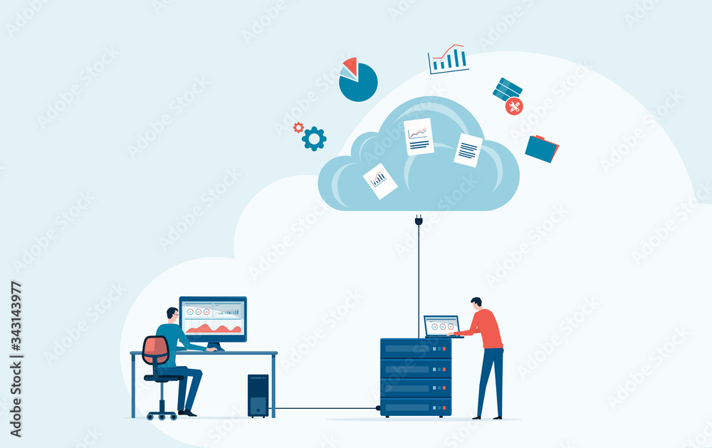 business technology storage cloud computing service concept with administrator and developer team working on cloud - obrazy, fototapety, plakaty 