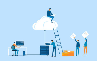 Poster -  business technology storage cloud computing service concept with administrator team working on cloud