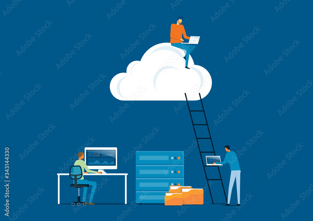 flat vector business technology storage cloud computing service concept with developer team working and a man working on cloud - obrazy, fototapety, plakaty 