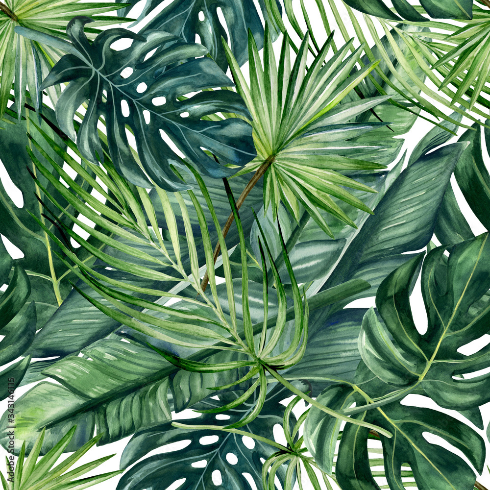 Watercolor hand painted seamless pattern with green tropical leaves of monstera, banana tree and palm on white  background. - obrazy, fototapety, plakaty 