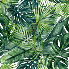 Watercolor hand painted seamless pattern with green tropical leaves of monstera, banana tree and palm on white  background.