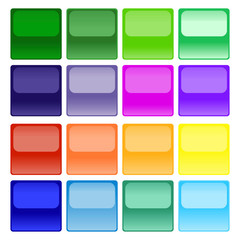 Fototapete - Buttons of different, saturated colors in the form of a square with the effect of reflection on a white background. Unique design of square buttons with mirror effect. Vector graphics. Stock Photo.