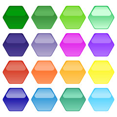Fototapete - Multicolored volumetric buttons in the form of a hexagon in saturated color having a mirror effect. Multi-colored buttons on a white background. Vector graphics. Stock Photo.