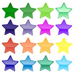 Fototapete - Buttons of saturated, various colors in the form of a star with the effect of reflection on a white background. Unique design of star-shaped buttons with mirror effect. Vector graphics. Stock Photo.