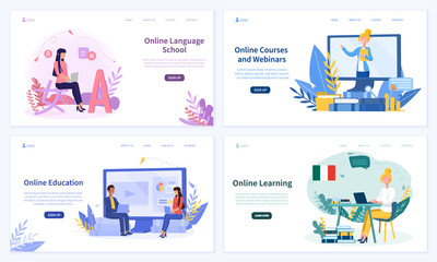 Poster - online education or e-learning concept with teachers and students using computers and laptops in fou