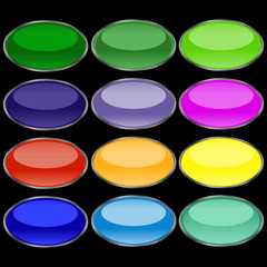 Aufkleber - Oval buttons of various bright, saturated colors with a gray stroke having a mirror effect. Buttons in the form of ovals on a black background with a mirror effect. Vector graphics. Stock Photo.