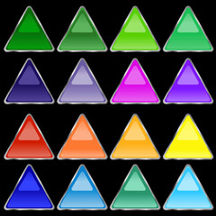 Fototapete - Multi-colored volumetric buttons in the form of a triangle of saturated color with a mirror effect. Buttons with a gray stroke on a black background. Vector graphics. Stock Photo.
