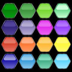 Fototapete - Buttons of different, saturated colors in the shape of a hexagon with a mirror effect. Multi-colored buttons on a black background in the shape of a hexagon. Vector graphics. Stock Photo.
