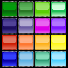 Fototapete - Square buttons of different bright, saturated colors with a gray stroke having a mirror effect. Buttons in the form of squares on a black background with a mirror effect. Vector graphics. Stock Photo.