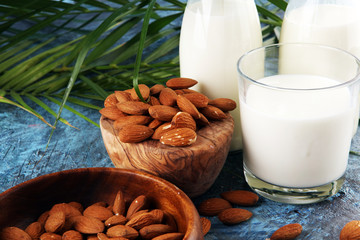 Wall Mural - almond milk with fresh nuts and palm leaves on rustic background.