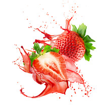 Strawberries In Red Juice Splash On A White Background