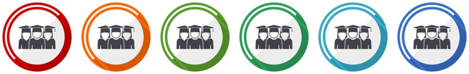 Poster - Education icon set, educate, graduate, group of students flat design vector illustration in 6 colors options for webdesign and mobile applications