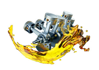 3D illustration of parts in car engine with lubricant oil on repairing