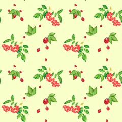  Pattern of berries and branches of mountain ash and ladybugs on a beige background, watercolor drawing, seamless pattern