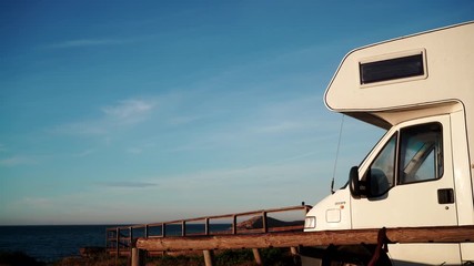 Canvas Print - Camper car rv camping on beach sea shore at morning, Spain Murcia region, Calblanque park