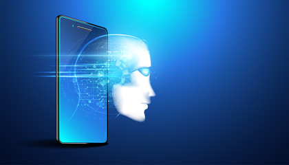 Poster - abstract smart artificial intelligence digital futuristic technology face with smartphone concept ai