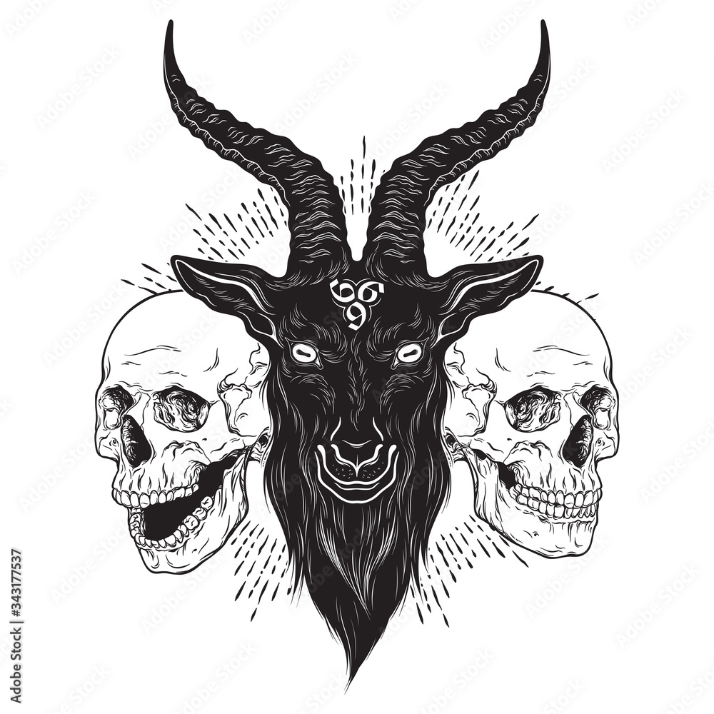 Vetor do Stock Baphomet demon goat head and human skulls hand drawn print  or blackwork flash tattoo art design vector illustration. | Adobe Stock, image size:1000x1000