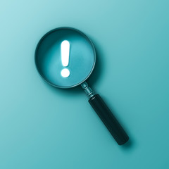 Poster - Magnifying glass with neon light exclamation mark isolated on light blue green pastel color wall background with shadow 3D rendering