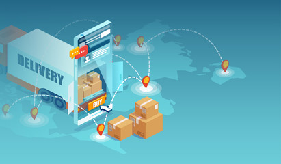 Vector concept of internet shopping and worldwide shipping logistics using modern technology app