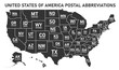 USA map with borders and abbreviations for US states. Black color states with white inscriptions. Flat style vector illustration isolated on white background.