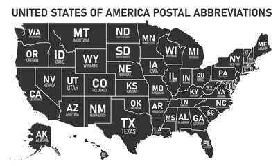 USA map with borders and abbreviations for US states. Black color states with white inscriptions. Flat style vector illustration isolated on white background.