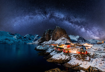 Wall Mural - beautiful milky way over hamnoy village in norway lofotens