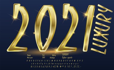 Luxury 2021 text fo card. Happy new 2021 year. Exclusive Gold Letters Typography regular font movie concept. vector illustration