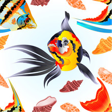 Seamless Texture Freshwater  Koi Fish Japanese Carp And Pterophyllum Scalare Amazonian Variety Angelfish Aquarium Fish And Sea Shells  On Blue Background Vintage Vector Illustration Editable Hand Draw
