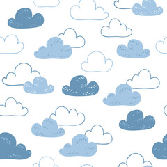 Cloudy sky seamless pattern. Blue clouds on a white background. Vector simple childish hand-drawn background in cartoon style. ideal for textiles and baby clothes