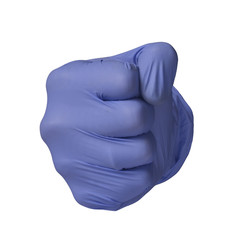 Medic hand wearing blue latex glove on punch sign concept on white background.