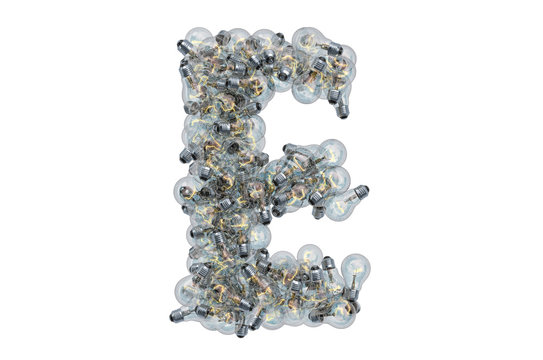 Letter E from light bulbs, 3D rendering