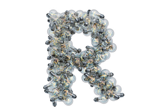 Letter R from light bulbs, 3D rendering