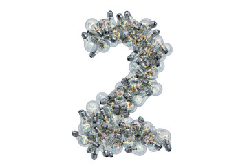 Leinwandbilder - Number 2 from light bulbs, 3D rendering