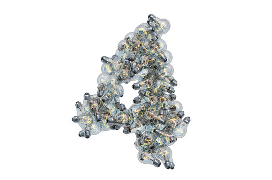 Number 4 from light bulbs, 3D rendering