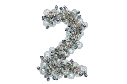 Number 2 from light bulbs, 3D rendering