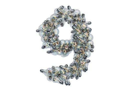 Number 9 from light bulbs, 3D rendering
